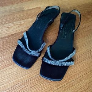 Salvatore Ferragamo Black Strappy Beaded Kitten Heel Sandals US 9.5 B